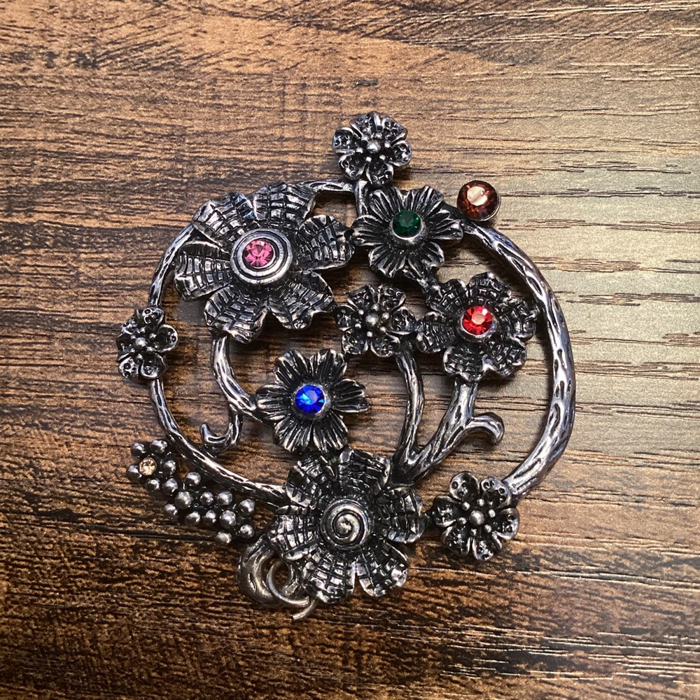 Vintage GB Signed Silver-Tone Floral Brooch Pendant Multicolor Rhinestones 1970s